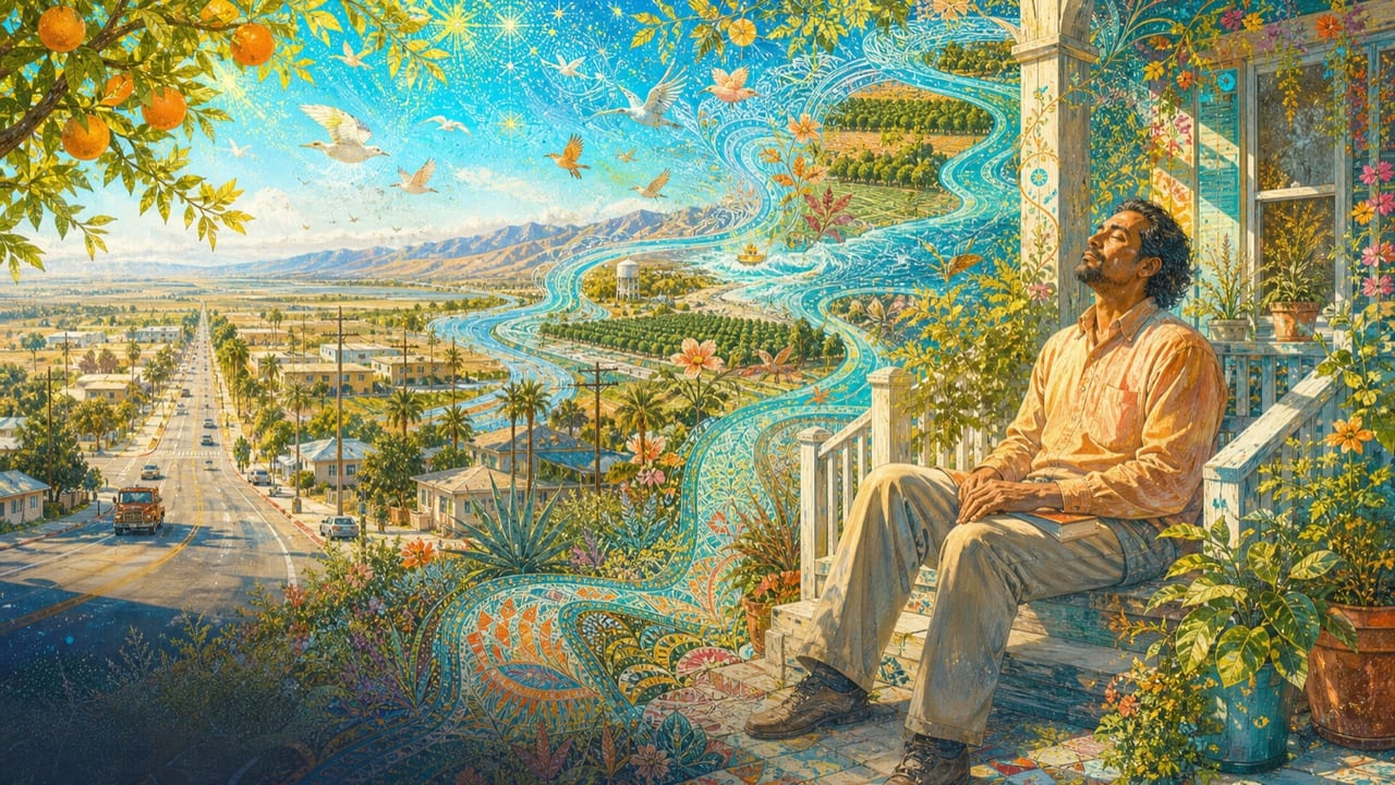 When I Close My Eyes — An adult rests with closed eyes on a sunlit Merced porch while an inner landscape of river, ocean, orchard, birds and flowering geometry opens around him