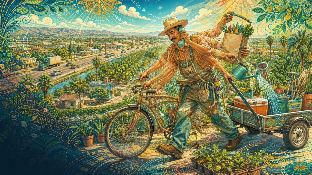 I Do Do a Lot — A cheerful adult multitasker fixes a bicycle, carries groceries, answers a phone and waters seedlings in a bright Merced work yard with playful motion echoes