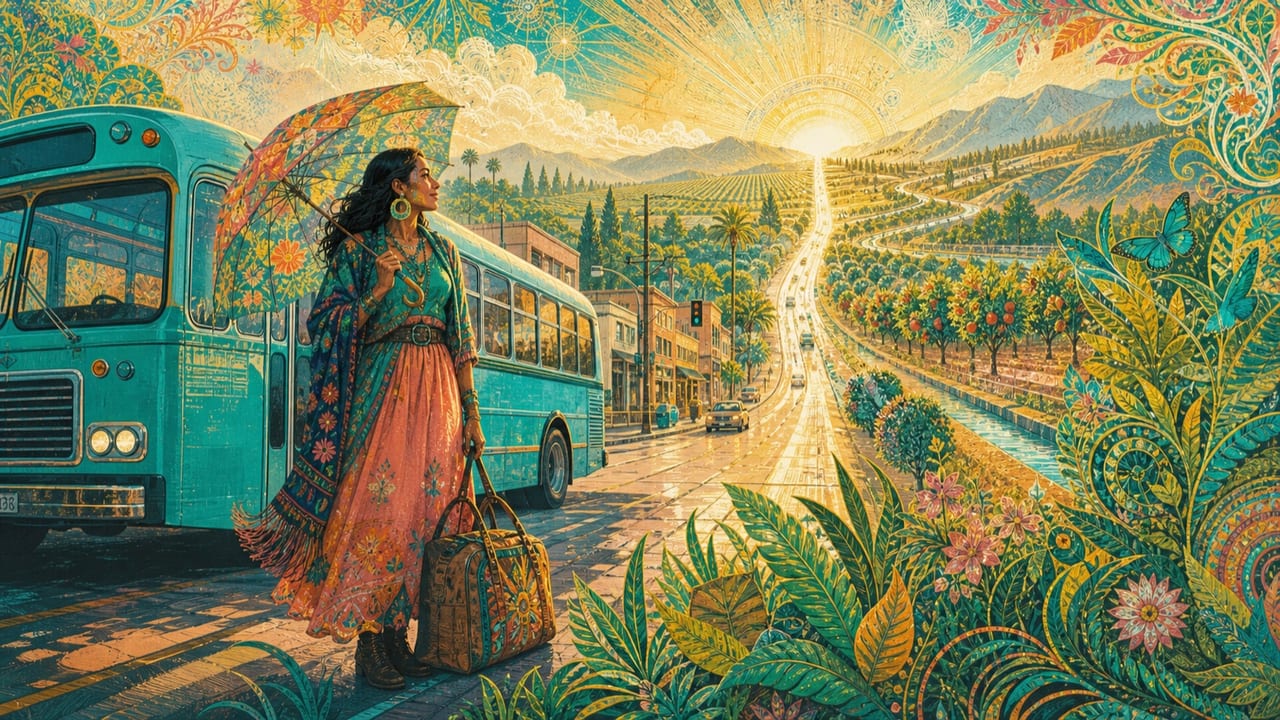 Maybe Tomorrow (Rani 2) — A confident adult woman waits beside a turquoise Merced bus with one packed bag as tomorrow rises along a radiant orchard road
