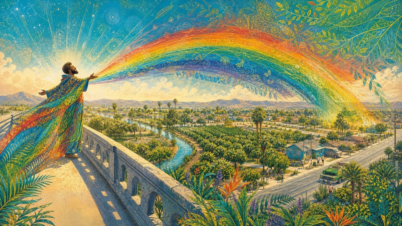 You Are the Rainbow — A clearly adult figure on a bright Merced bridge casts an immense living rainbow from their multicolored spirit across orchard, canal and community