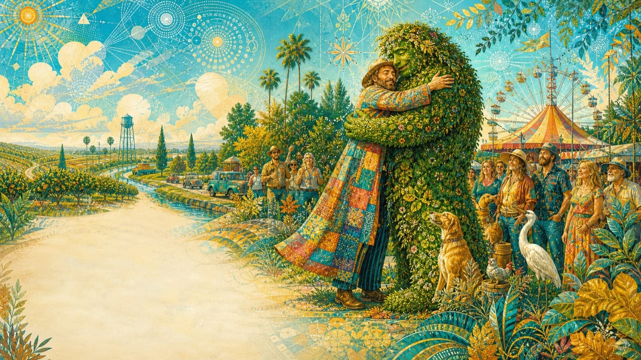 The Walla Walla Hugger Mugger — An eccentric adult traveling showman embraces a huge friendly topiary creature at a sunny Central Valley county fair