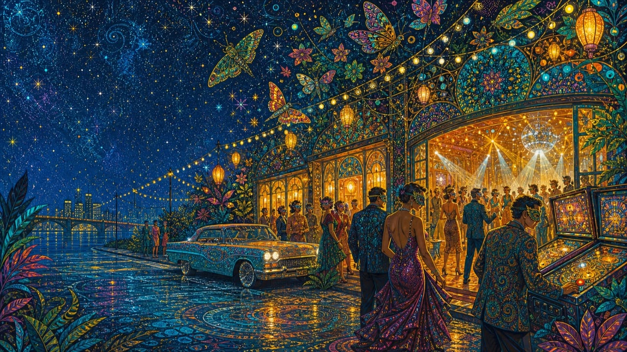 Darkside Masquerade — Masked adult revelers enter a brilliantly lit Saturday-night penny arcade as moths, flowers and city reflections fill the Merced night