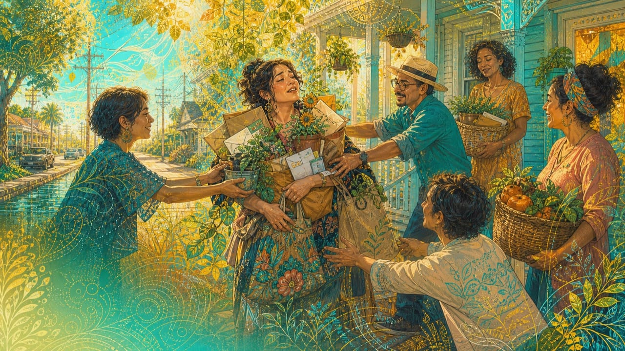 She Cares Too Much — An adult woman carrying groceries, plants and letters accepts help from friends on a warm sunlit Merced sidewalk