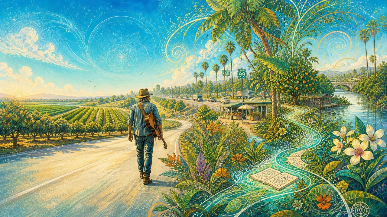 This Old, Long Road — A weathered adult musician walks a seemingly endless sunlit Highway 99 frontage road past orchards, motels and farm stands
