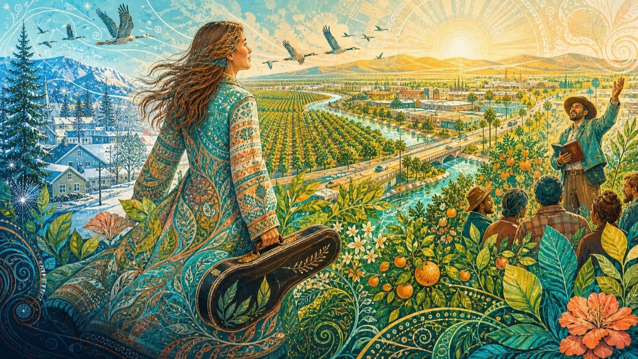 North Country Girl — An adult woman carrying a fiddle case arrives from a snowy northern town into a radiant Central California orchard beneath migrating birds