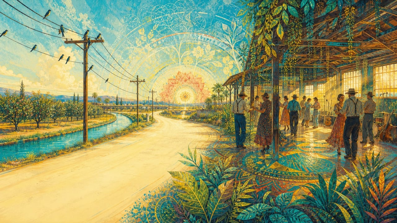 Without Music — A bright silent Merced dance hall holds adult dancers frozen mid-step and untouched instruments as one flower-shaped vibration begins at the horizon Without Music — A bright silent Merced dance hall holds adult dancers frozen mid-step and untouched instruments as one flower-shaped vibration begins at the horizon