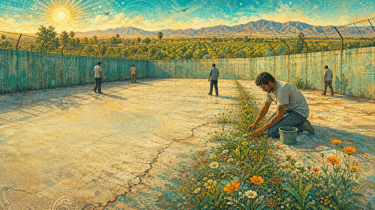 Down on the Yard — An adult tends a stubborn ribbon of wildflowers through a cracked institutional yard while bright Merced orchards and mountains rise beyond the fence