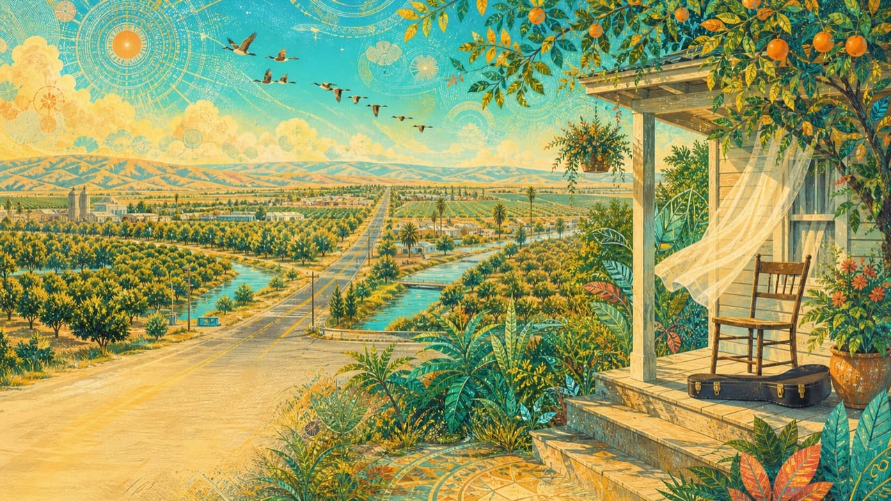 Since You’ve Been Gone — A sunlit empty Central Valley porch holds one chair and a guitar case while curtains and migrating birds trace the feeling of absence