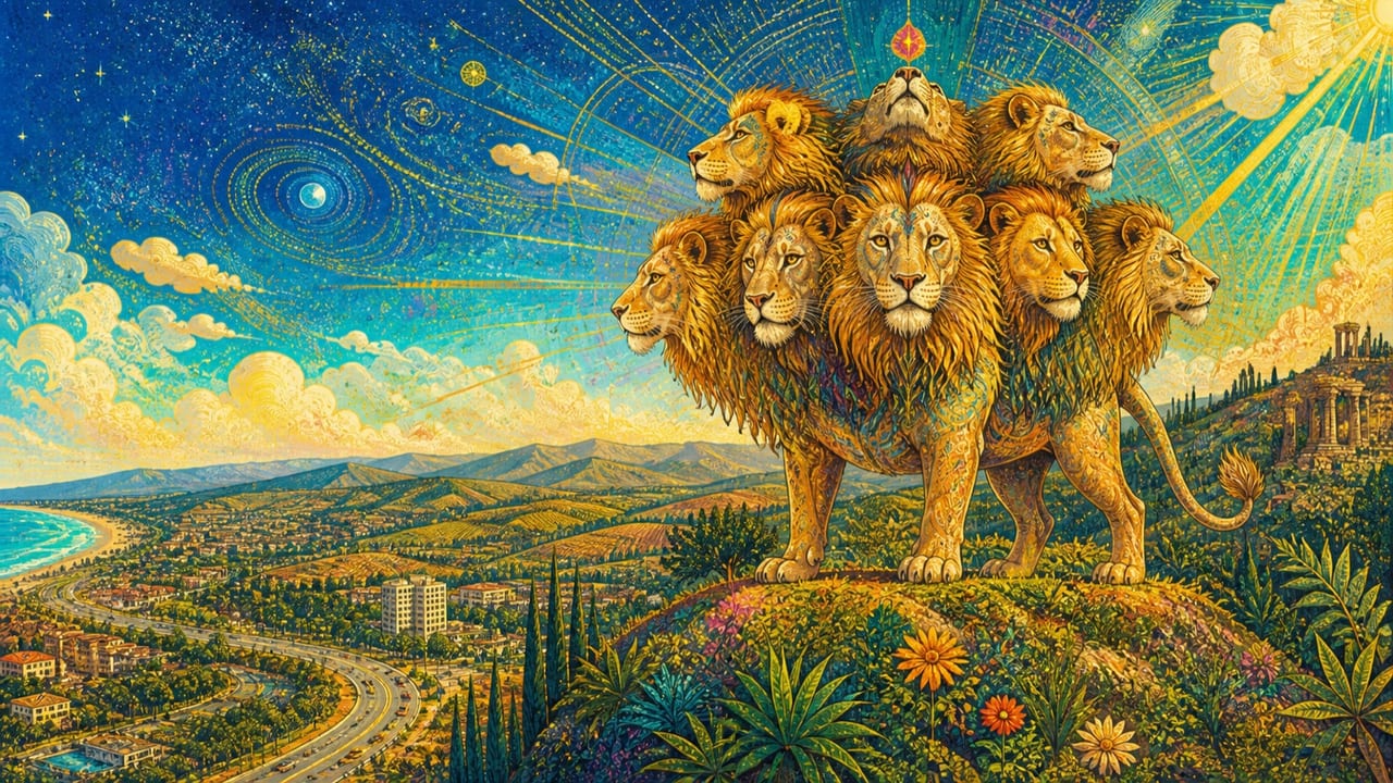 A majestic seven-headed lion stands peacefully above a radiant town, highway, ancient ruins and flowering valley A majestic seven-headed lion stands peacefully above a radiant town, highway, ancient ruins and flowering valley