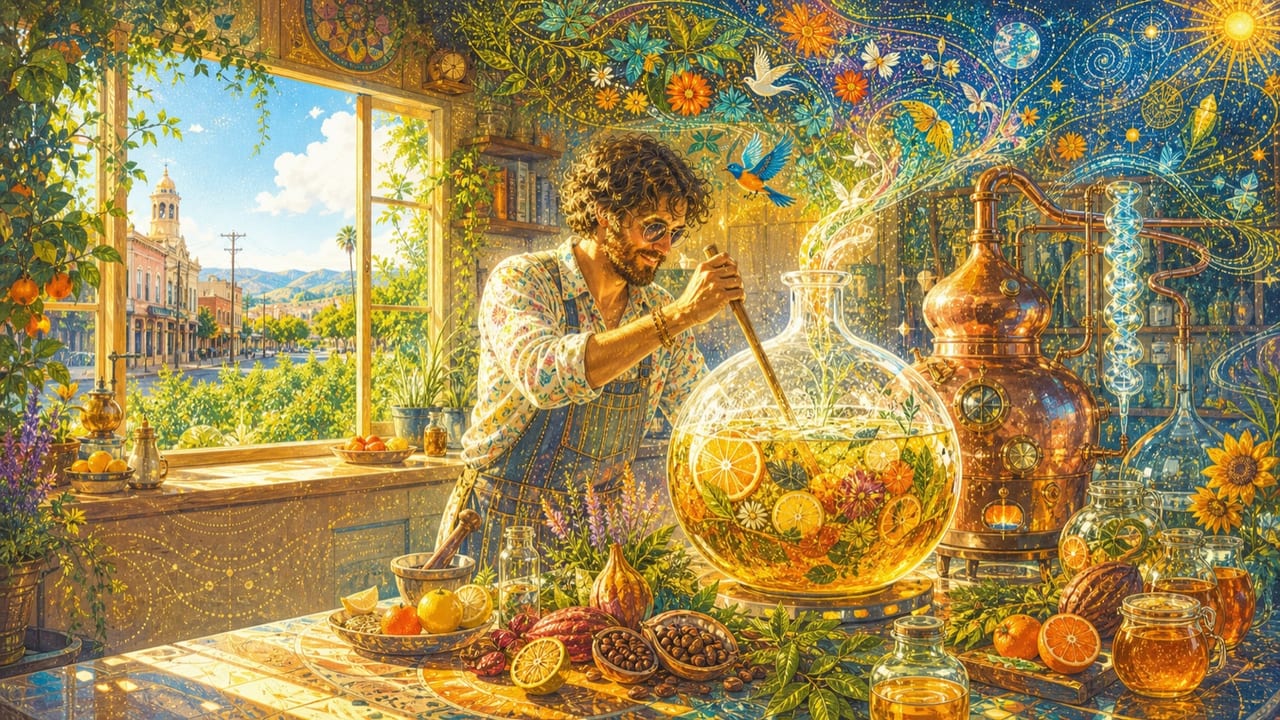 Concoction — An eccentric adult mixes citrus, herbs, cacao and honey in a radiant glass vessel inside a sunlit Merced kitchen workshop Concoction — An eccentric adult mixes citrus, herbs, cacao and honey in a radiant glass vessel inside a sunlit Merced kitchen workshop
