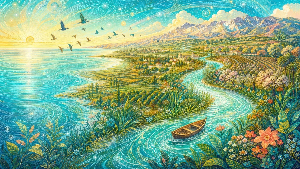 Down the River to the Sea — A brilliant Central Valley river winds from Merced orchards through towns and mountains to the Pacific with a small wooden skiff and migrating birds