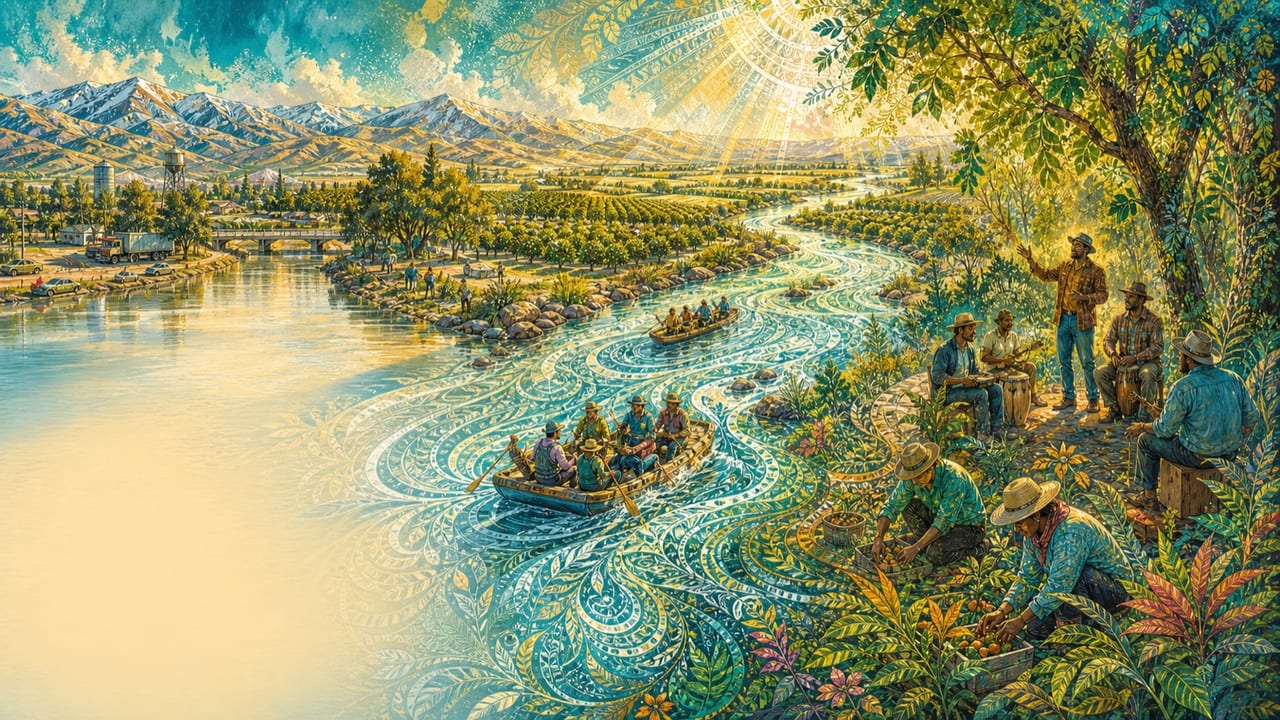 The River — A broad luminous river winds from the Sierra through Central Valley orchards among adult rafters, farmworkers and musicians beneath cottonwoods