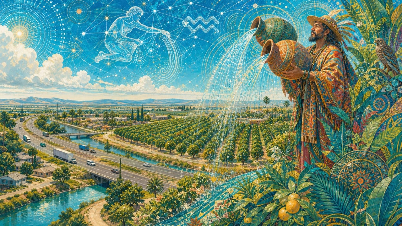 You Say You Are Aquarian — A clearly adult eccentric pours luminous water from two pottery vessels over Central Valley orchards beneath a bright Aquarian constellation