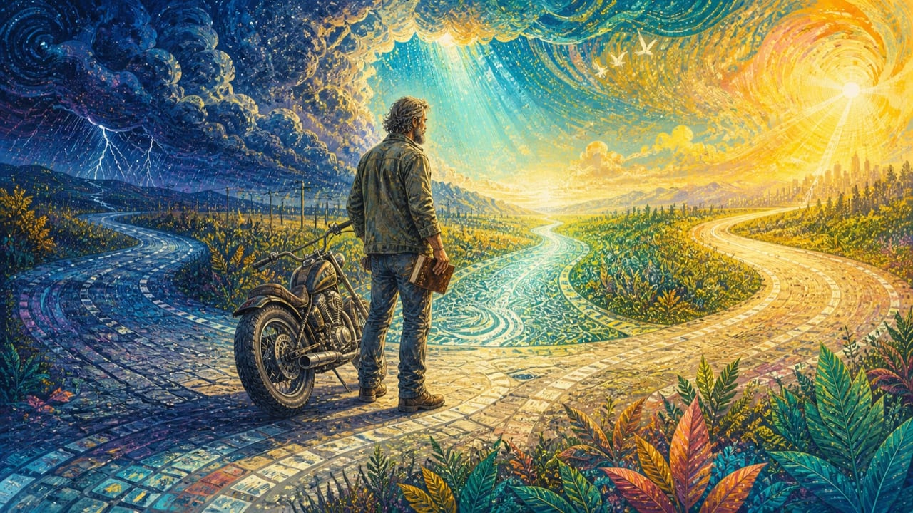 A road-worn adult preacher stands beside a motorcycle at a Merced crossroads between indigo storm, golden light and a river path A road-worn adult preacher stands beside a motorcycle at a Merced crossroads between indigo storm, golden light and a river path