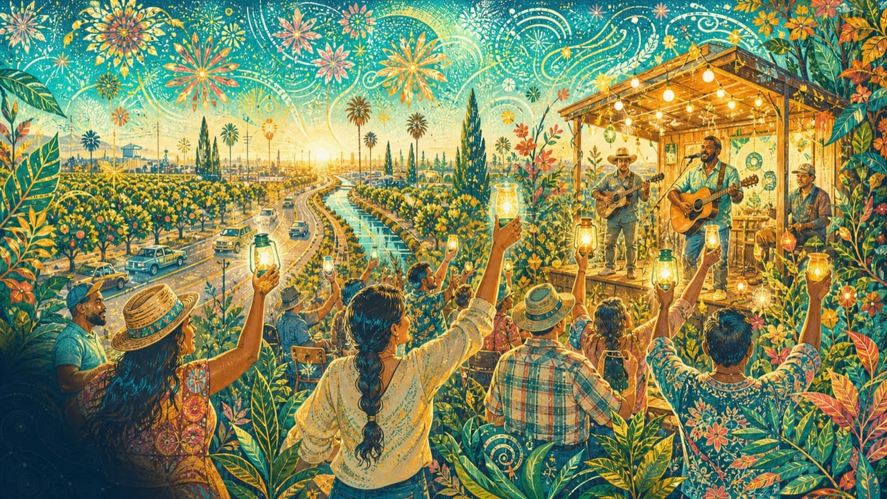 Light ‘em on Up — Adults raise glowing lanterns at a joyful outdoor Merced concert beneath brilliant flower-shaped fireworks and illuminated orchard trees