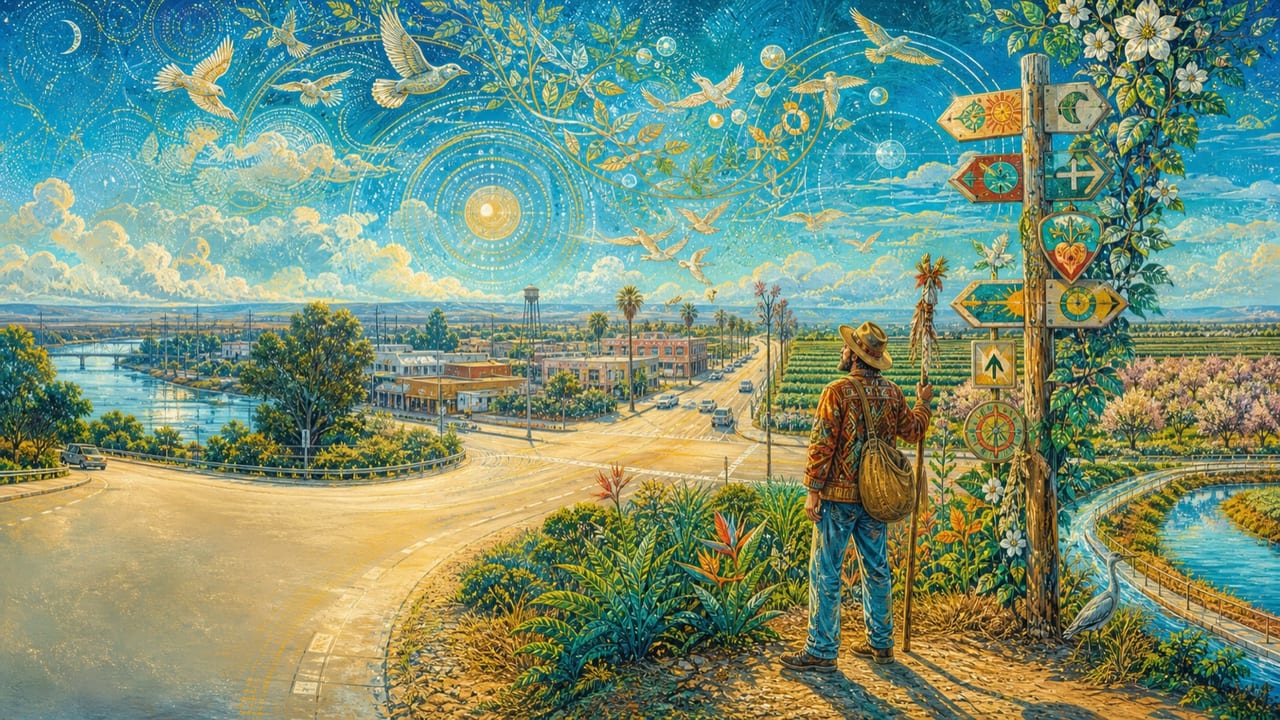 Signs — An adult wanderer studies a brilliant Merced crossroads where nonverbal symbols appear in birds, flowering vines, painted arrows and the sky