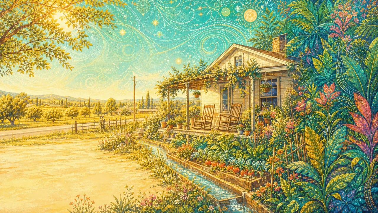 A Place of Our Own — A sunlit illustrated Central California home with rocking chairs, garden, orchard and visionary foliage