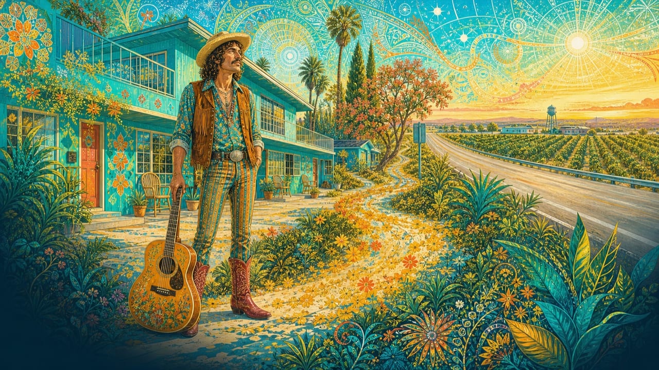 I Won't Be Hard to Find — A boldly dressed adult musician stands outside a bright Highway 99 motel beside a flower-painted guitar and a trail of golden wildflowers