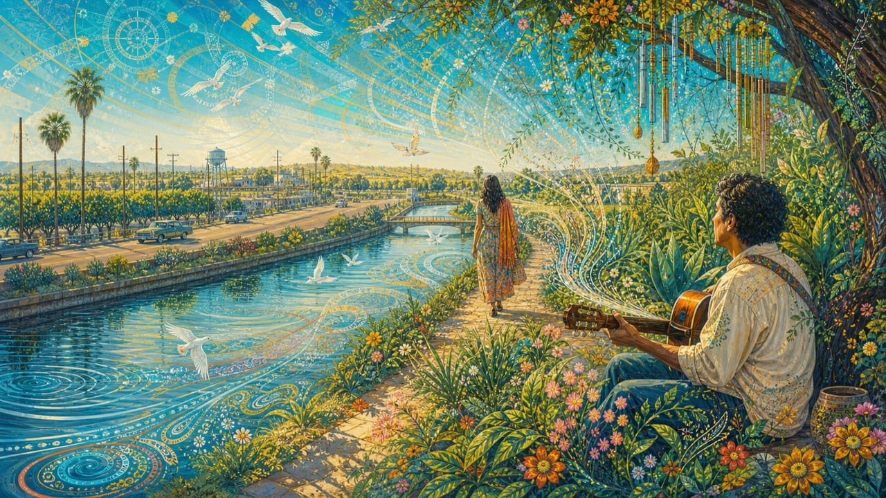 You Are Like the Song — A clearly adult beloved walks beside a Central Valley canal while an adult musician hears their movement echoed in birds, water and wind chimes