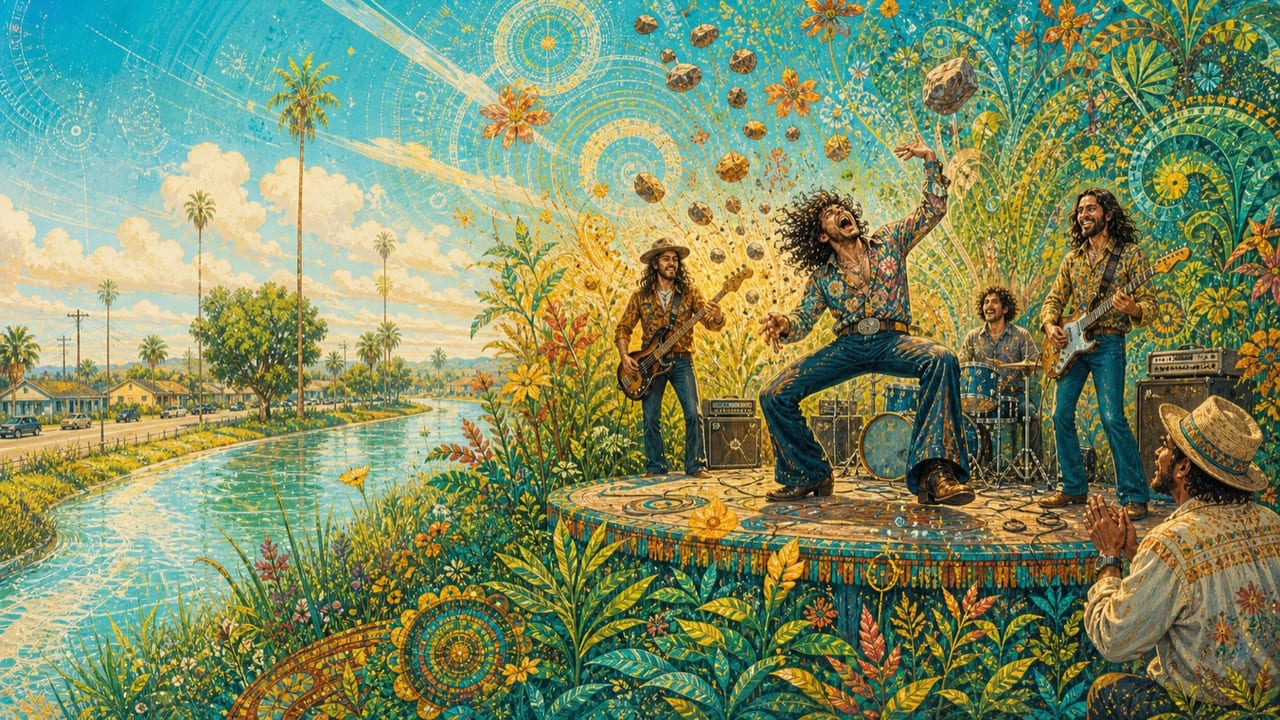 Tantrum Rock — An adult rock singer throws a playful theatrical tantrum on a tiny outdoor Merced stage as sound waves become bright flowers and bouncing stones