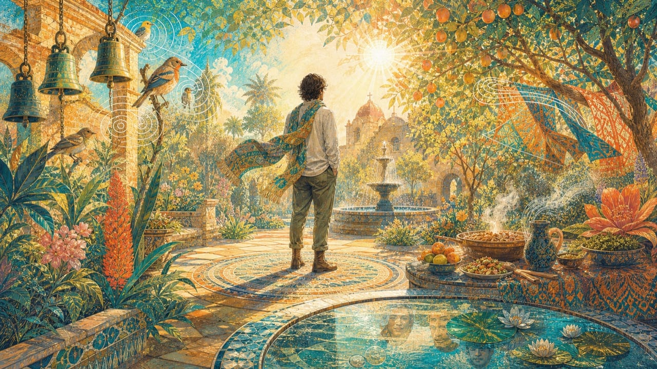 An adult traveler stands in a radiant Merced garden as bells, birds, fruit, flowers, wind, water and food make the present moment visible An adult traveler stands in a radiant Merced garden as bells, birds, fruit, flowers, wind, water and food make the present moment visible