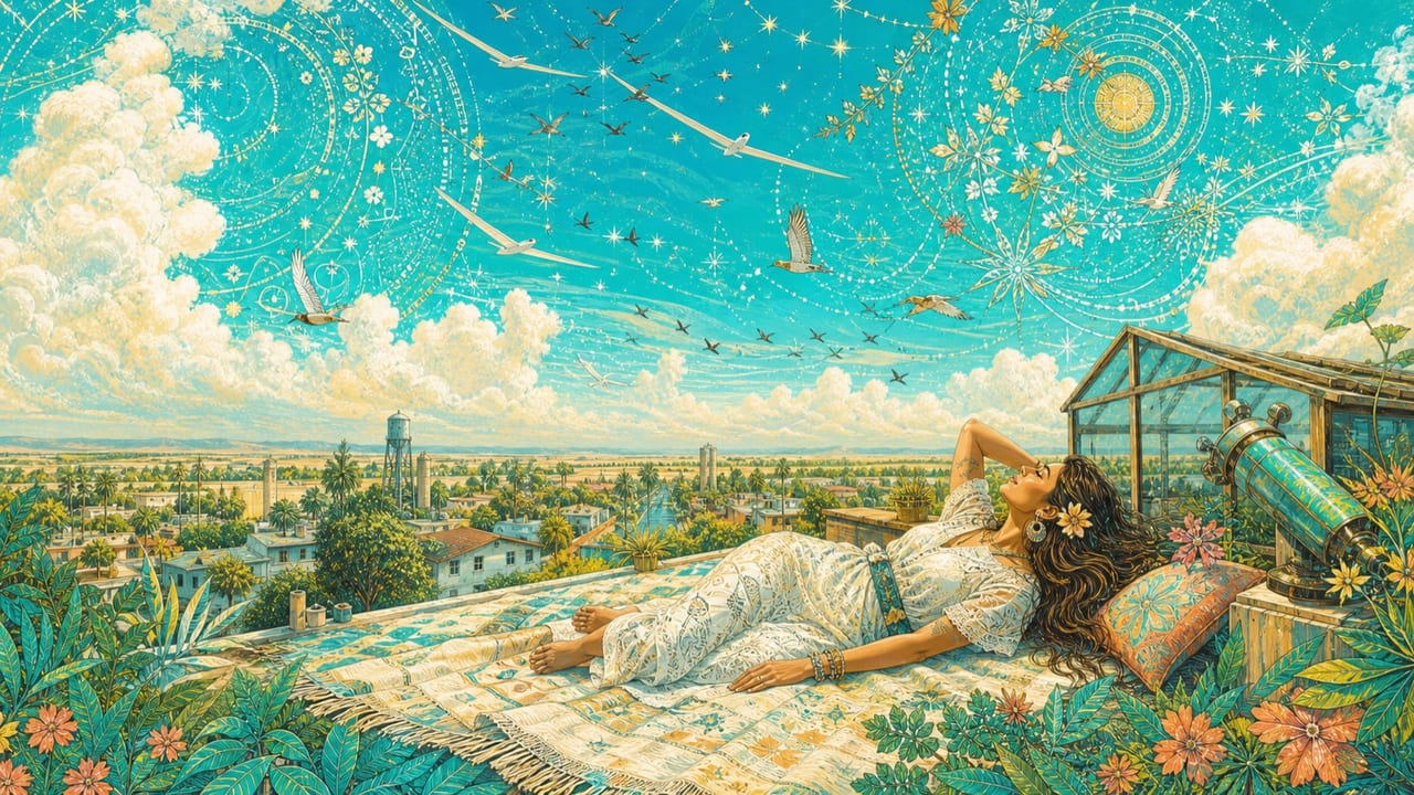 She Loves the Sky — An adult woman studies a brilliant turquoise sky from a Merced rooftop as birds, gliders and cloud patterns sweep above the city