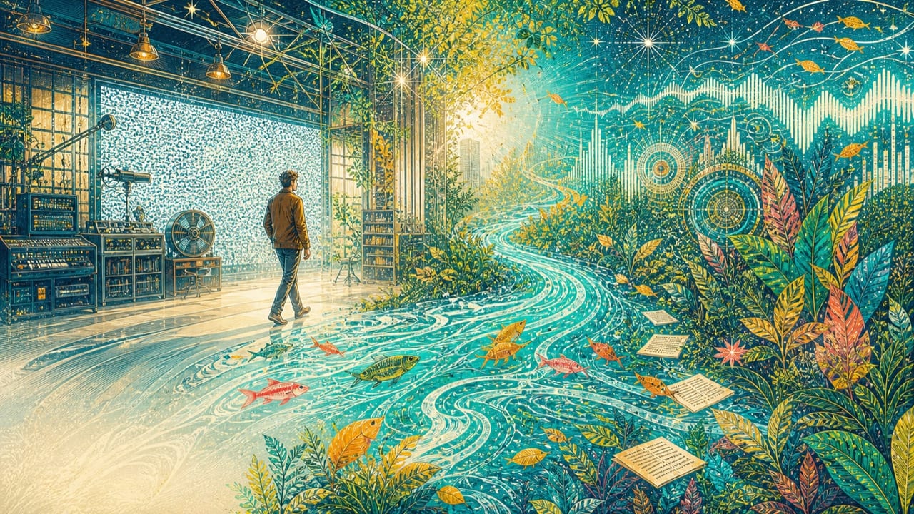 A river of bright water flows through a broadcast studio and transforms white static, sound waves and pages into fish, leaves and stars A river of bright water flows through a broadcast studio and transforms white static, sound waves and pages into fish, leaves and stars
