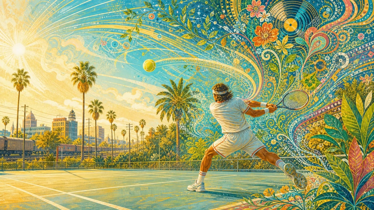 Backhand Rap — A kinetic illustrated tennis backhand on a vintage Merced court with rhythmic psychedelic motion sweeping across the sky Backhand Rap — A kinetic illustrated tennis backhand on a vintage Merced court with rhythmic psychedelic motion sweeping across the sky