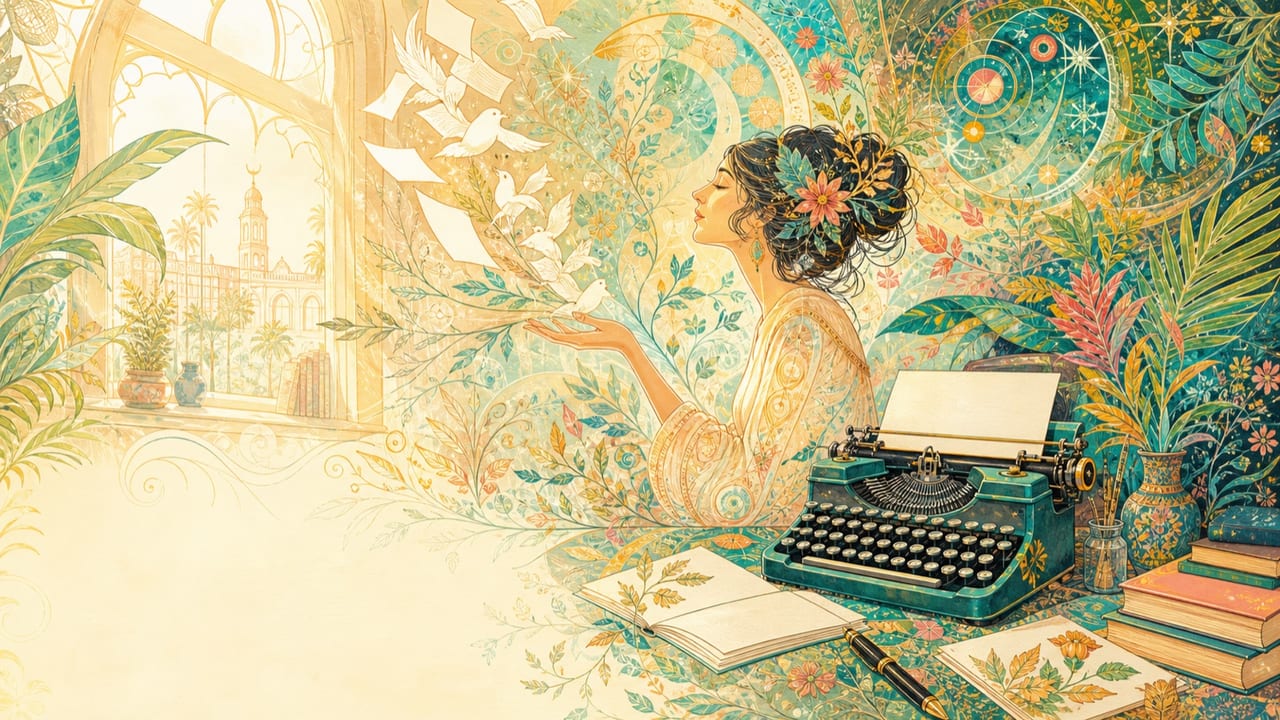 Ana Grammatica — A luminous illustrated literary muse with a vintage typewriter, blank pages, birds and visionary botanicals