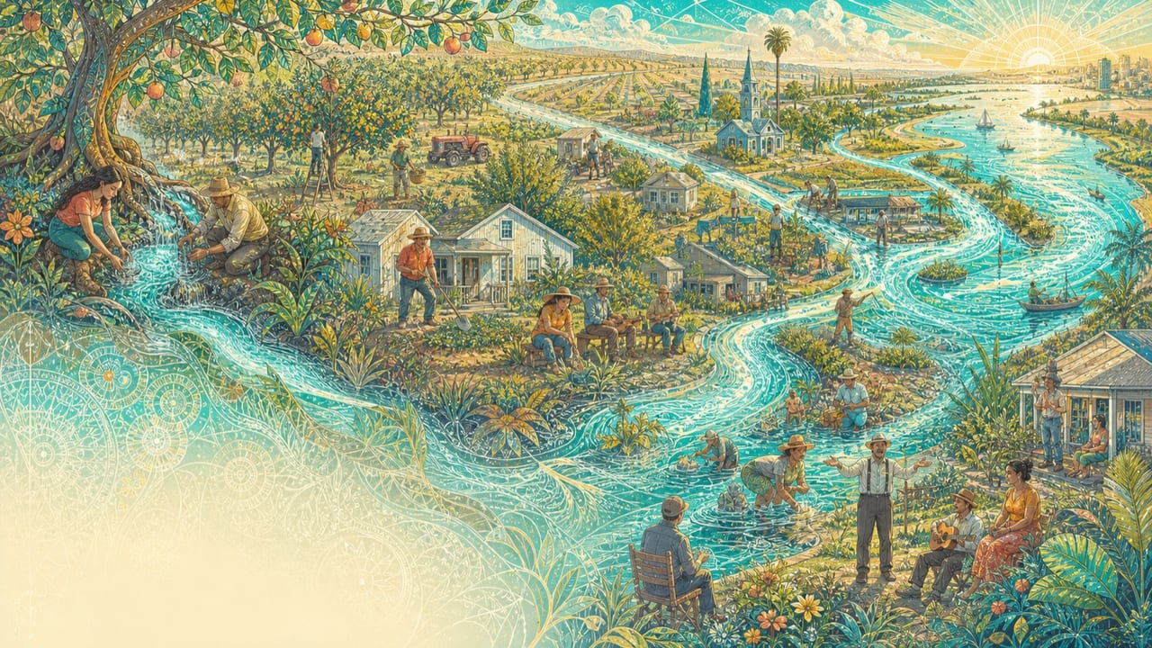 River of Life — A bright river winds through Central Valley orchards and a multigenerational Merced community as its currents become flowers, roads and shared memories