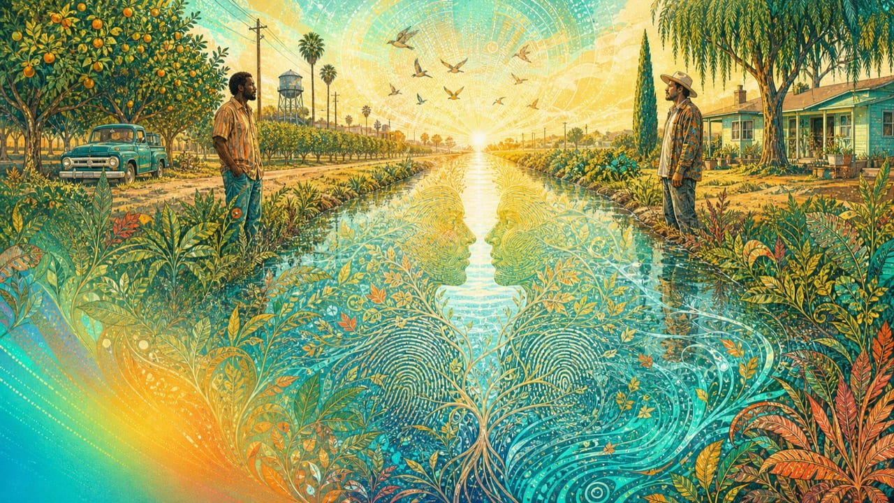 One and the Same — Two adults on opposite banks of a sunlit irrigation river discover their reflections merging through roots, fingerprints, birds and water