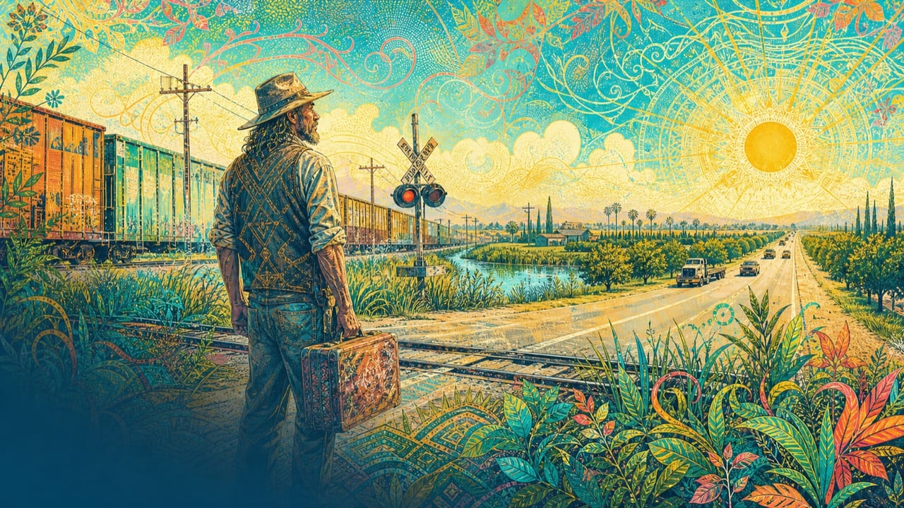 Grennan Barrett — A road-worn adult traveler carrying a battered case pauses at a luminous Central California rail crossing between freight cars and an open highway