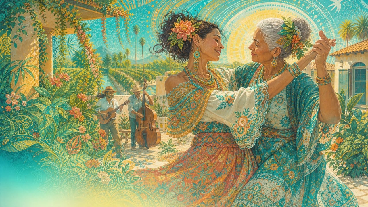 Señora Señorita — Two adult women from different generations dance together in a luminous Central California courtyard filled with papel flowers and garden patterns