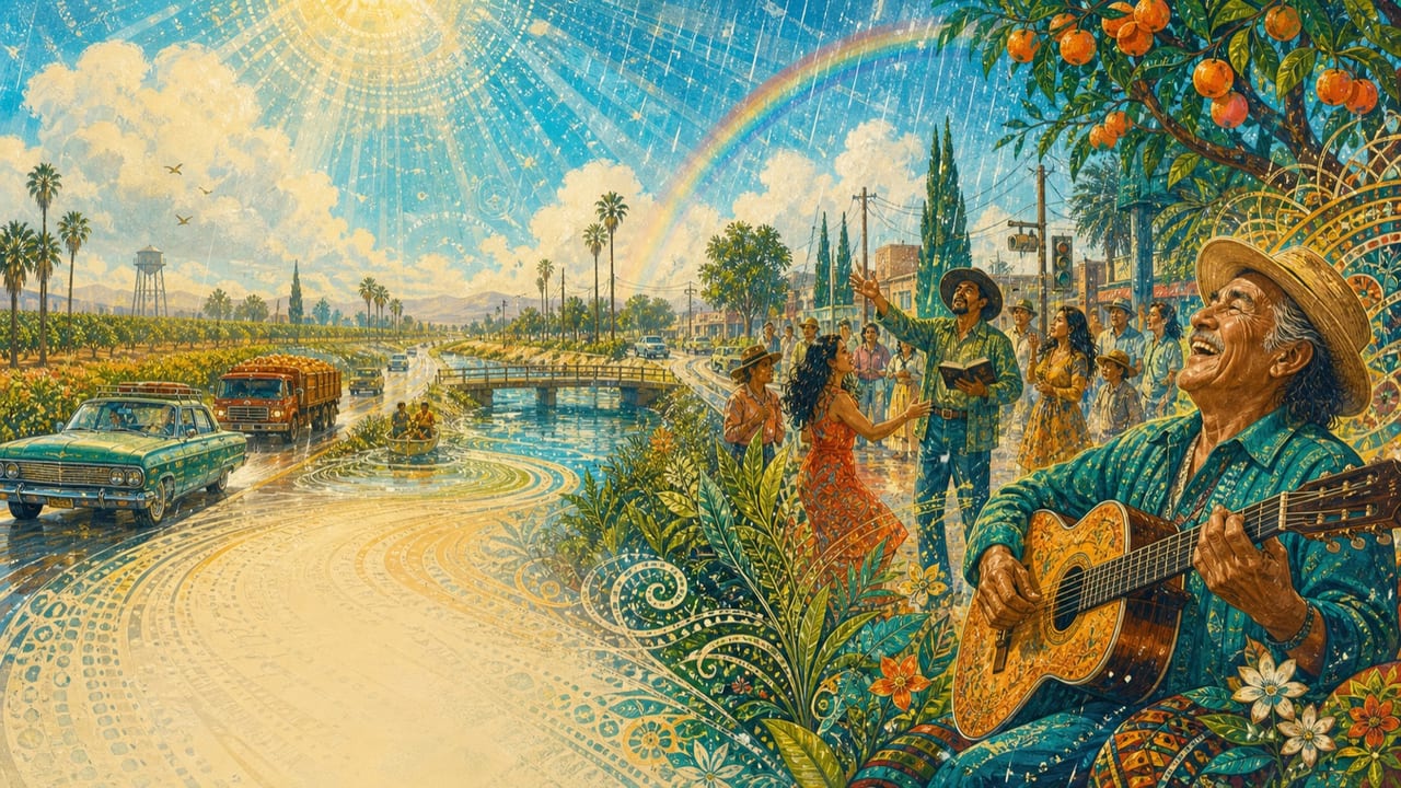 What a Time — A bright Merced dance, harvest, road trip, street sermon and summer rain converge as an older adult musician laughs in amazement