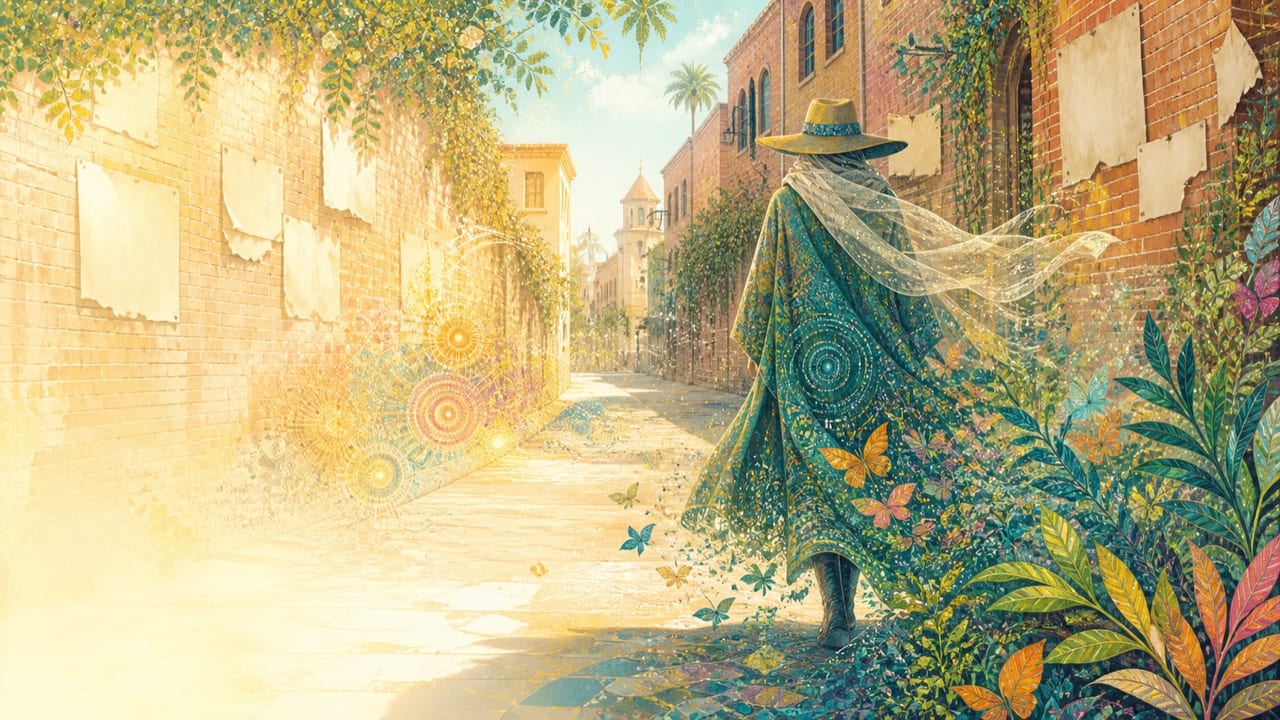 Anonyma — A mysterious brightly illustrated veiled figure crossing a sunlit Merced alley as butterflies and foliage emerge around her Anonyma — A mysterious brightly illustrated veiled figure crossing a sunlit Merced alley as butterflies and foliage emerge around her
