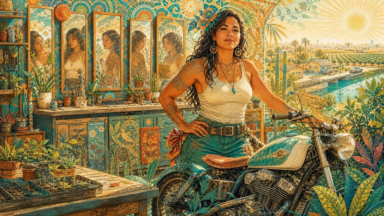 More a Woman — A self-possessed adult woman stands in her bright Merced workshop beside a motorcycle, tools, seedlings and mirrors reflecting her many strengths