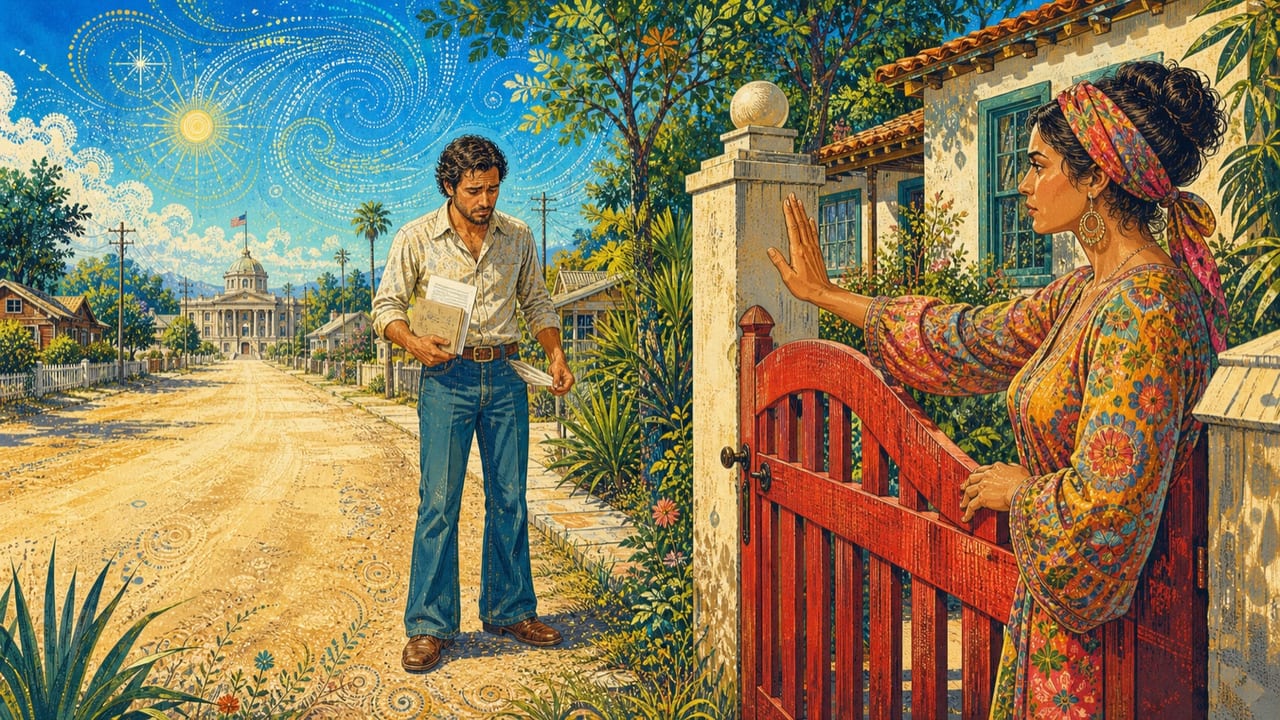 Don’t — An adult woman firmly closes a red garden gate while a chastened adult man stands outside holding court papers on a bright Merced street