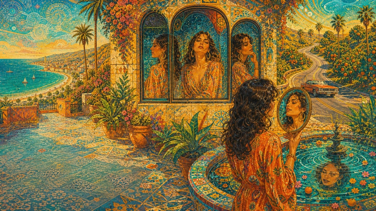 Catalina Cataluña Catalán — A vivid Mediterranean courtyard merges with a California orchard as an adult muse appears differently in windows, a mirror and fountain water