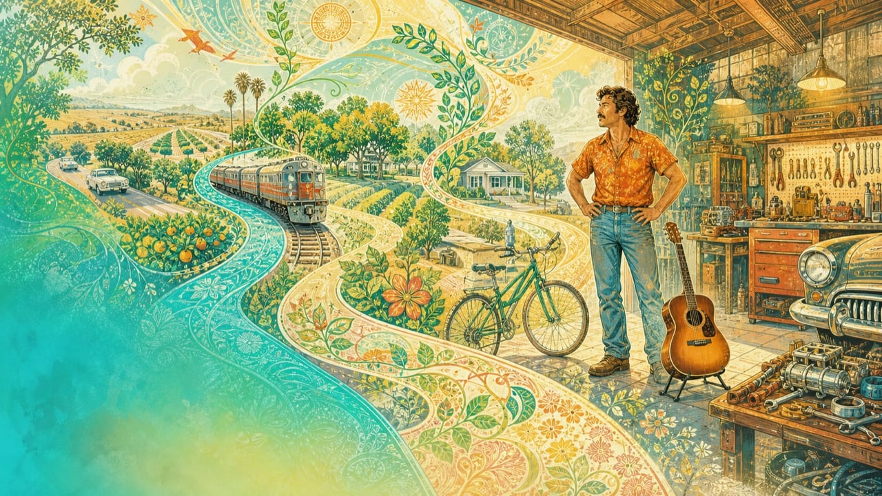 One Thing or Another — An adult in a bright Central Valley workshop considers guitar, wrench, train, bicycle, orchard and highway as every choice curls into one flowering road