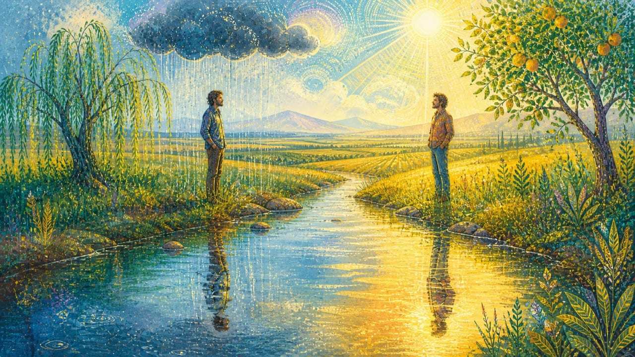Different but the Same — Two adult companions stand beneath rain and sun on opposite banks of a stream while their reflections meet in the same golden valley water