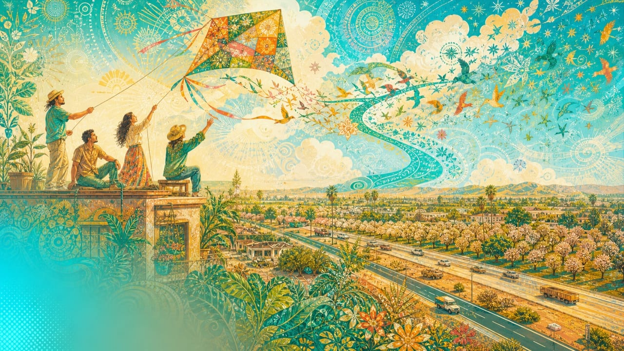 On Our Way Up to the Sky — Adult friends launch a magnificent patchwork kite from a bright Merced rooftop as its tail becomes birds, stars and a rising turquoise path