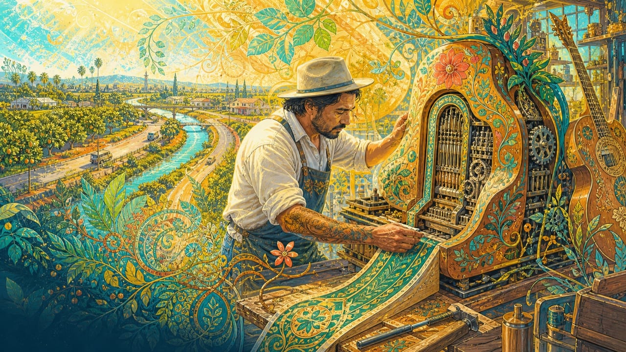 Made for It — An adult craftsperson fits a final handmade component into a radiant instrument-machine in a sunlit Central Valley workshop