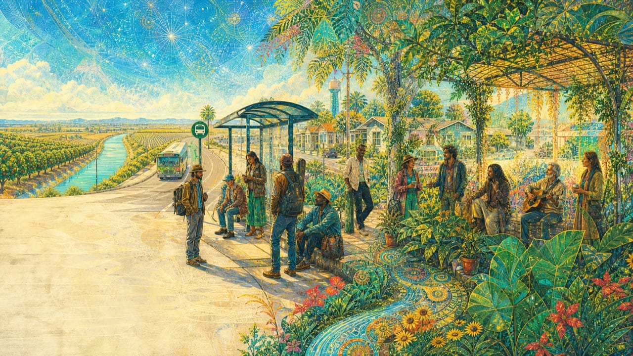 The Lost and Lonely Ones — Diverse adult travelers meet at a bright Merced bus stop and begin sharing coffee, music and shade as separate paths become a garden