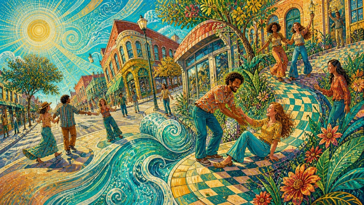 Everybody's Trippin' — Adults help one another along a brilliantly curling Merced street as perspective, flowers and roadside signs bend into playful psychedelic motion