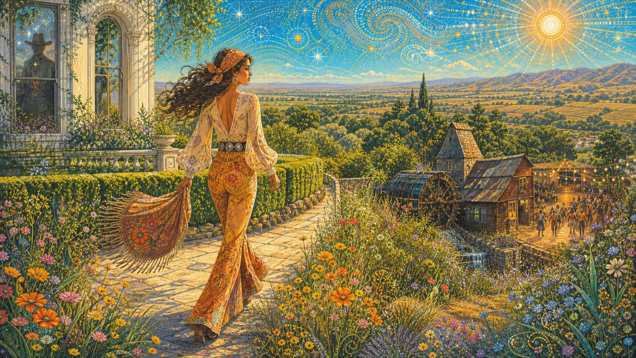 Country Club Girl — A confident adult woman leaves a hilltop country club for a lively valley mill and dance hall as wildflowers overtake formal hedges