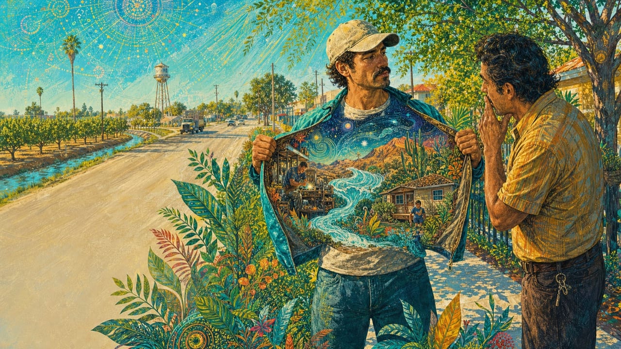 You Don't Know a Lot About Me — An adult roadside worker reveals a vast inner collage of ocean, desert, workshop, childhood home, stars and blooming plants to a surprised listener
