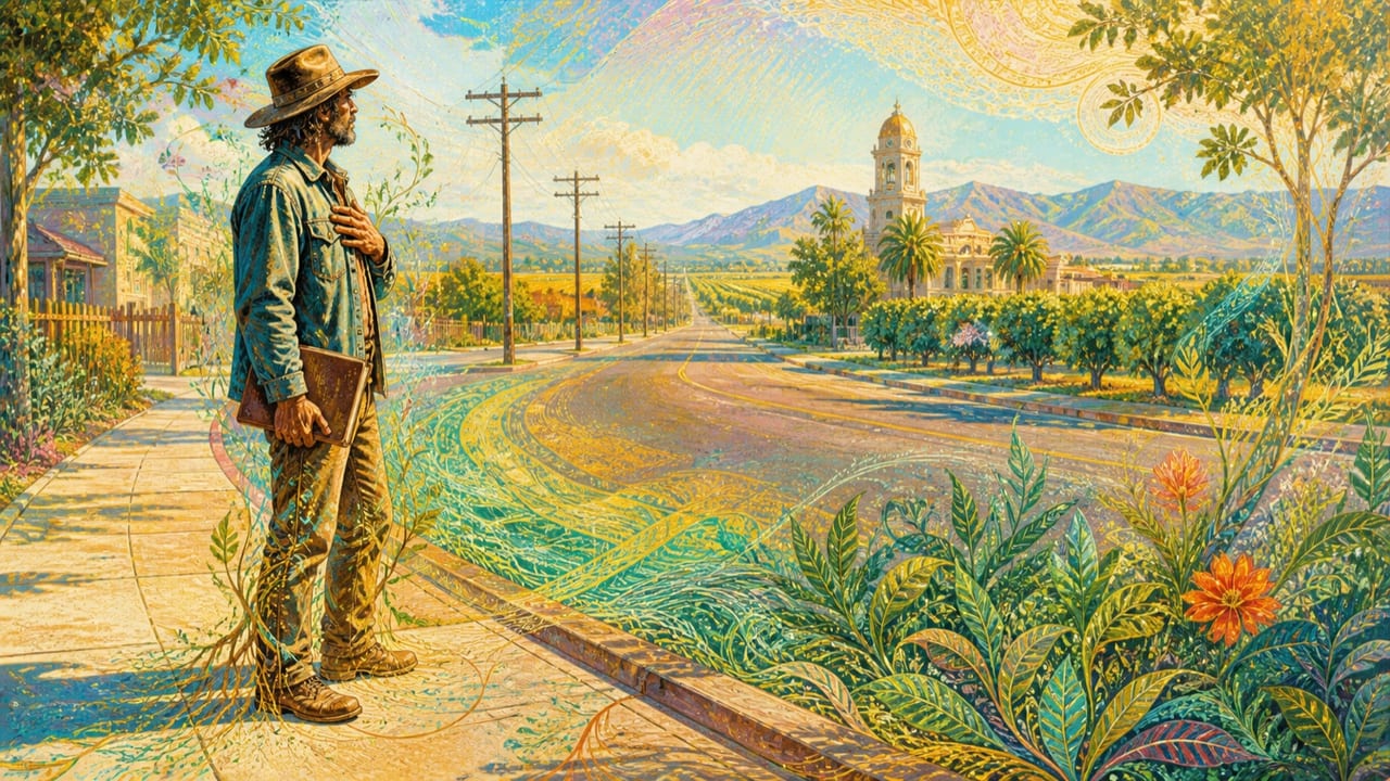 A Man of My Word — A luminous illustrated rambling man standing with his hand over his heart beside an open Merced road