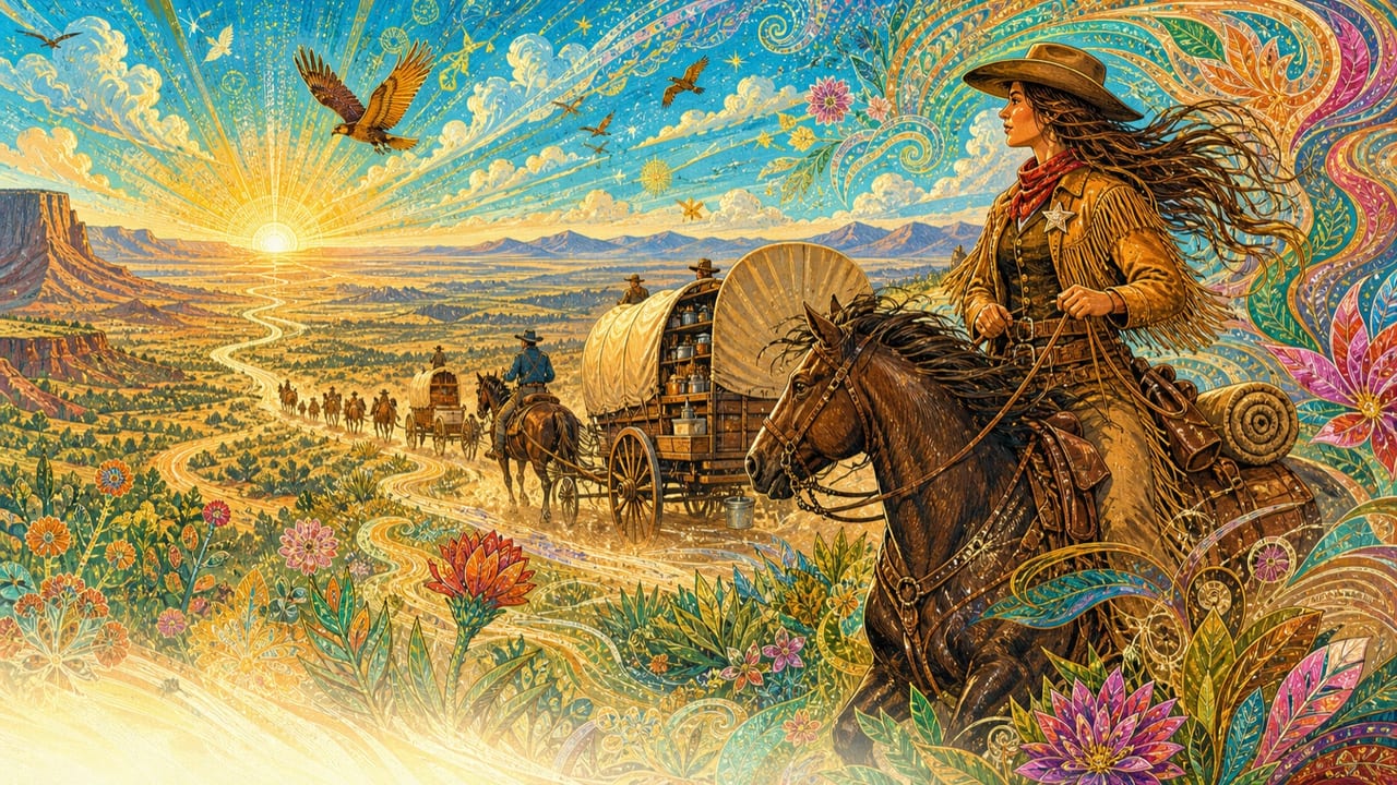 Becca Ray — A radiant illustrated female frontier ranger riding beside a westbound wagon train through a visionary desert landscape