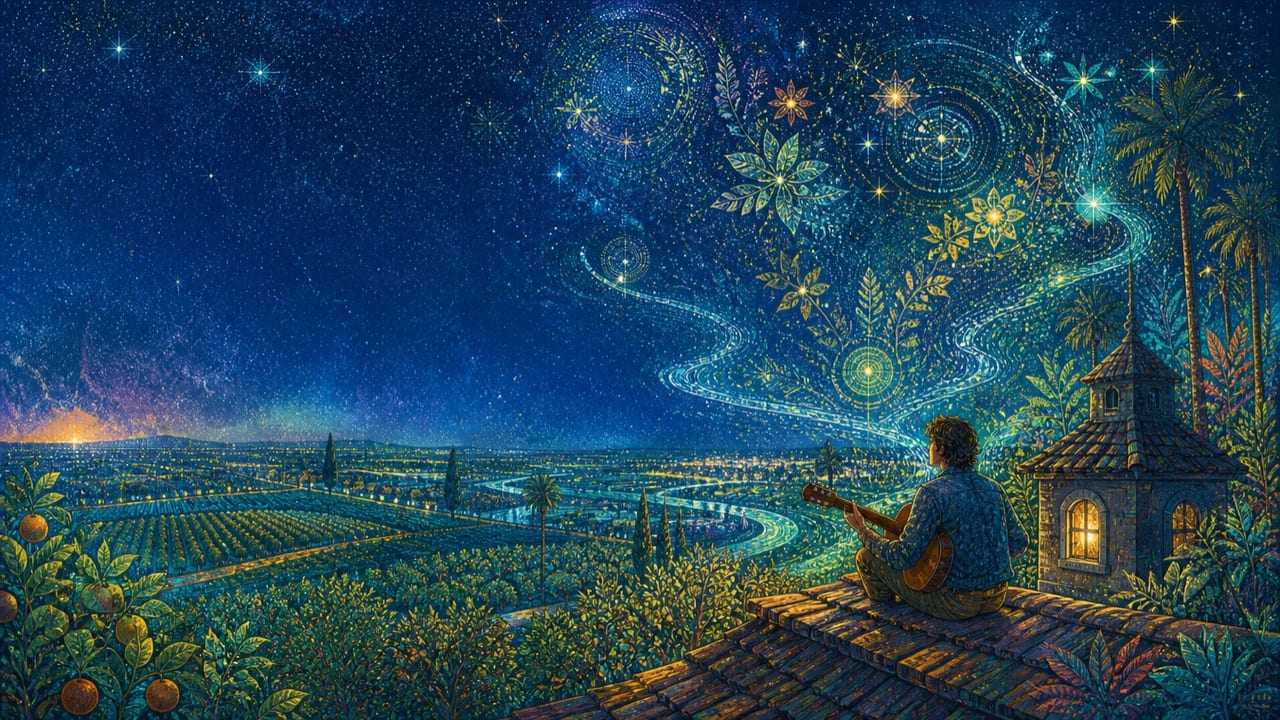 Came a Bright and Starry Night — A luminous star-filled Central Valley night above orchards and rooftops as an adult songwriter watches celestial flowers cross the sky
