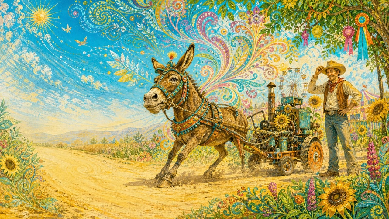 A Turdjerker — A playful illustrated Merced county-fair tall tale with a stubborn mule, homemade farm contraption and smiling cowboy
